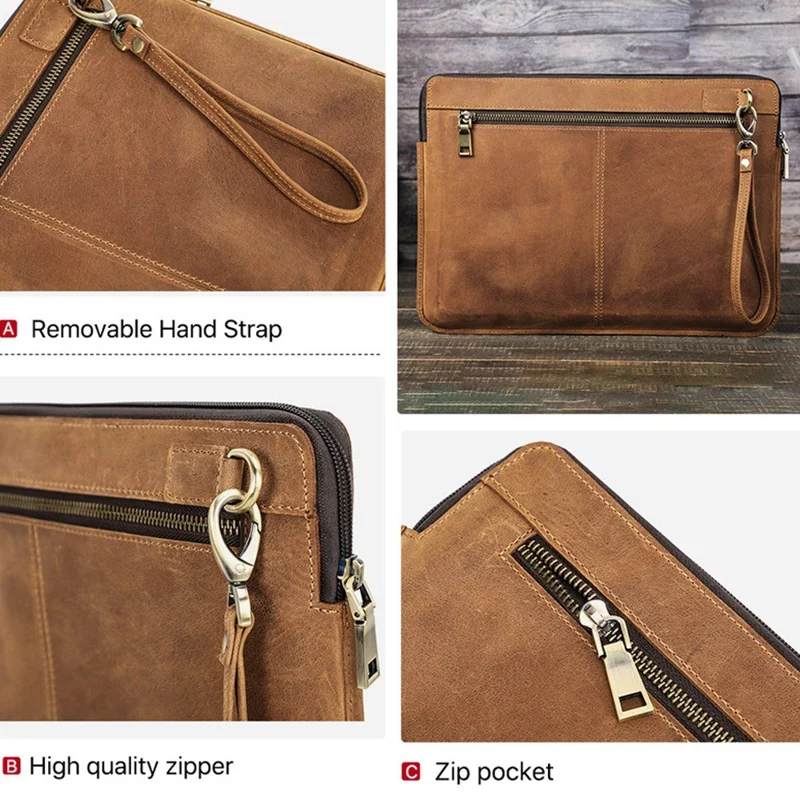 Voor MacBook Air 13 inch (2022) A2681 Draagtas van Rundleder met Rits Opbergzak - Bruin