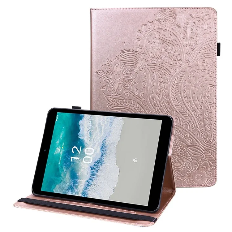 Imprinting Flower Tablet Cover for Nokia T10, Card Holder Foldable Stand PU Leather Elastic Band Case - Rose Gold