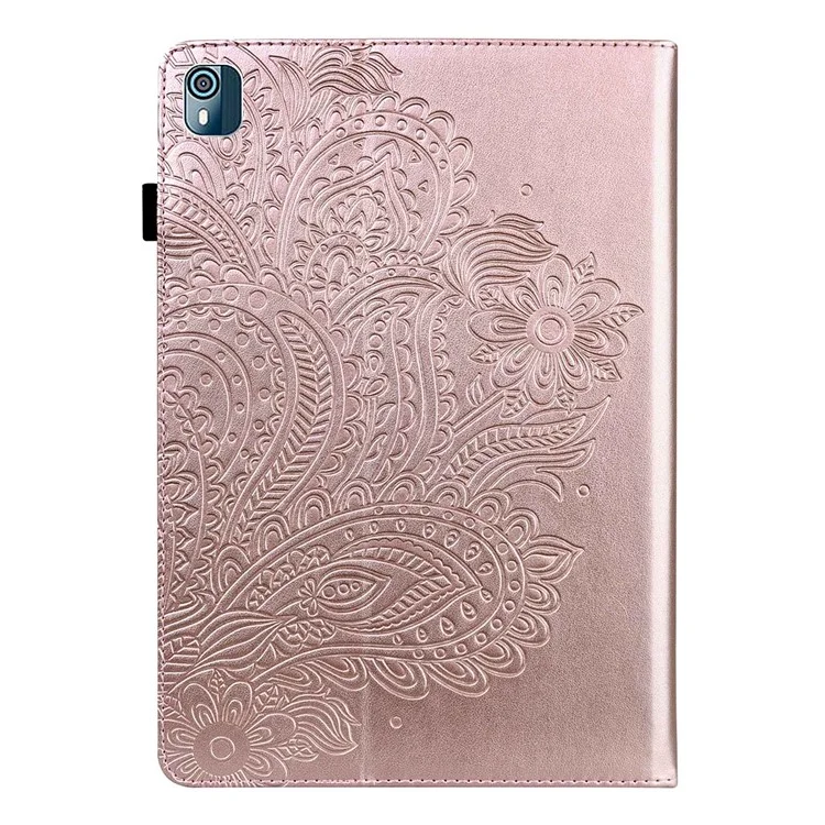 Imprinting Flower Tablet Cover for Nokia T10, Card Holder Foldable Stand PU Leather Elastic Band Case - Rose Gold