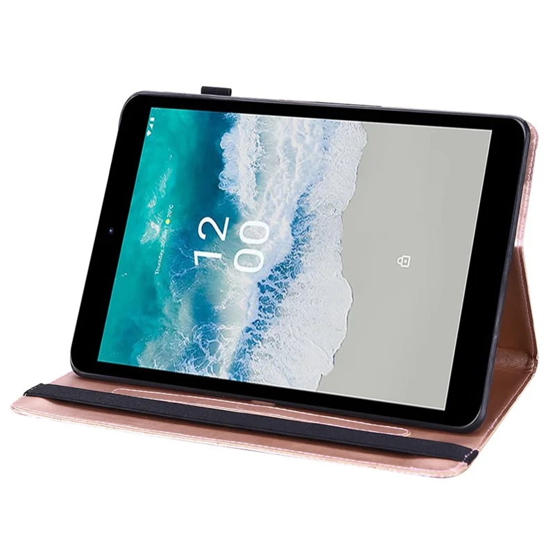 Imprinting Flower Tablet Cover for Nokia T10, Card Holder Foldable Stand PU Leather Elastic Band Case - Rose Gold