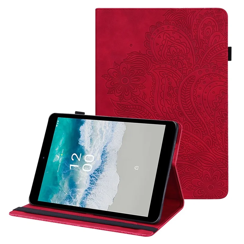 غطاء لوحي بنمط زهري للنوكيا T10، غطاء جلد PU قابل للطي مع حامل وفتحات لوضع البطاقات وشريط مطاطي - أحمر