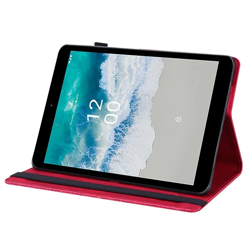 غطاء لوحي بنمط زهري للنوكيا T10، غطاء جلد PU قابل للطي مع حامل وفتحات لوضع البطاقات وشريط مطاطي - أحمر