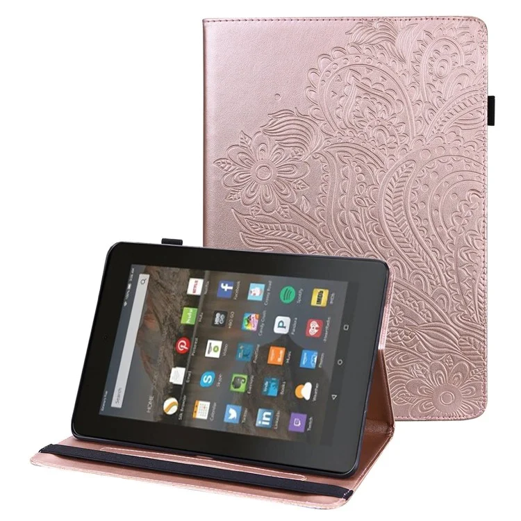 PU Leather Imprinting Flower Case for Amazon Fire 7 (2022), Card Holder Stand Tablet Cover with Elastic Band Closure - Rose Gold
