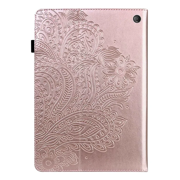 PU Leather Imprinting Flower Case for Amazon Fire 7 (2022), Card Holder Stand Tablet Cover with Elastic Band Closure - Rose Gold