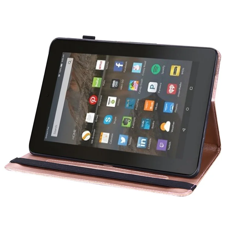 PU Leather Imprinting Flower Case for Amazon Fire 7 (2022), Card Holder Stand Tablet Cover with Elastic Band Closure - Rose Gold