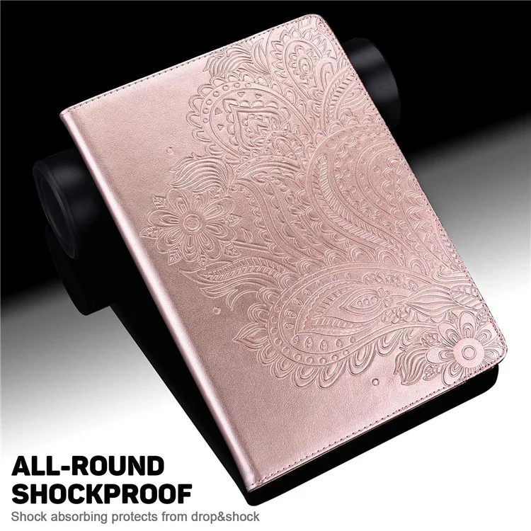 PU Leather Imprinting Flower Case for Amazon Fire 7 (2022), Card Holder Stand Tablet Cover with Elastic Band Closure - Rose Gold