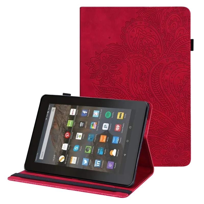 PU Leather Imprinting Flower Case for Amazon Fire 7 (2022), Card Holder Stand Tablet Cover with Elastic Band Closure - Red