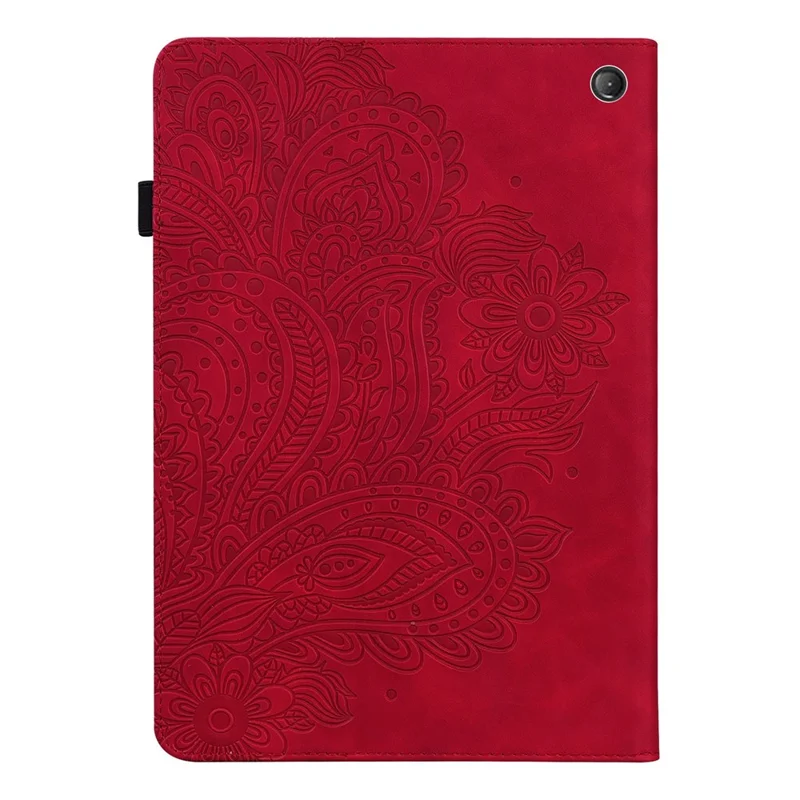 PU Leather Imprinting Flower Case for Amazon Fire 7 (2022), Card Holder Stand Tablet Cover with Elastic Band Closure - Red