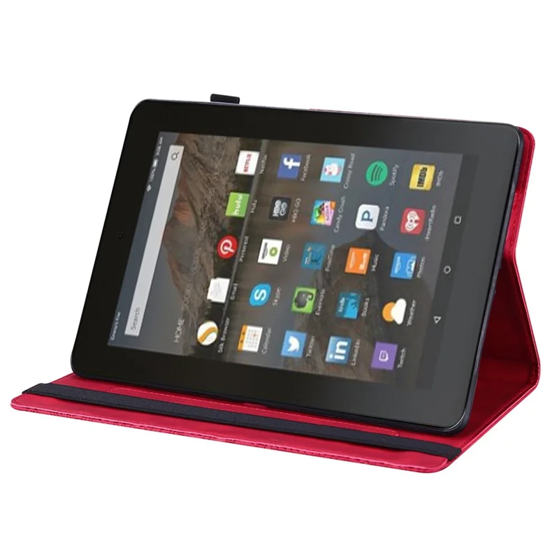 PU Leather Imprinting Flower Case for Amazon Fire 7 (2022), Card Holder Stand Tablet Cover with Elastic Band Closure - Red