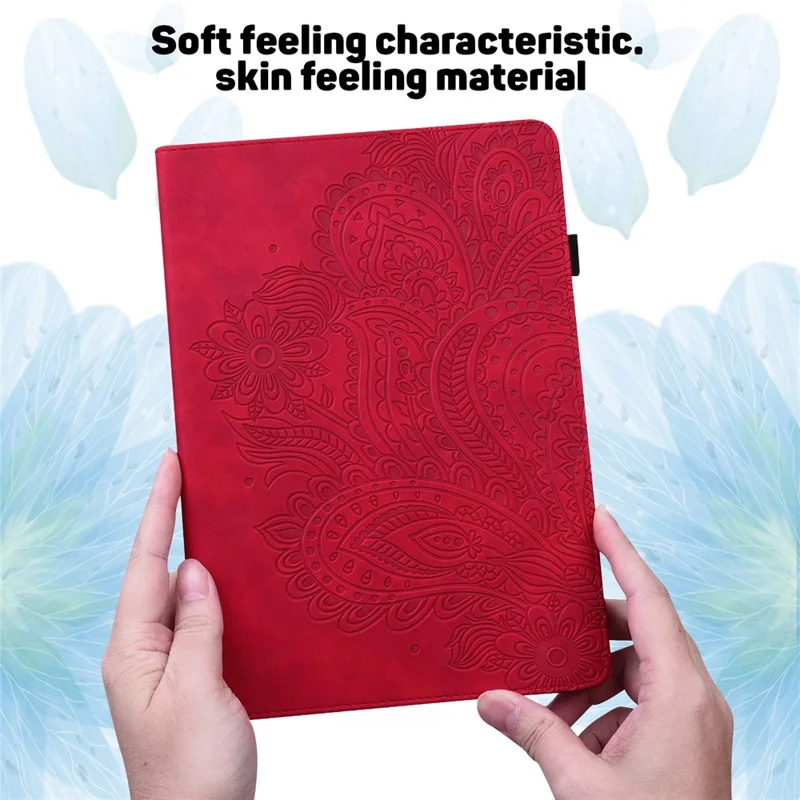 PU Leather Imprinting Flower Case for Amazon Fire 7 (2022), Card Holder Stand Tablet Cover with Elastic Band Closure - Red
