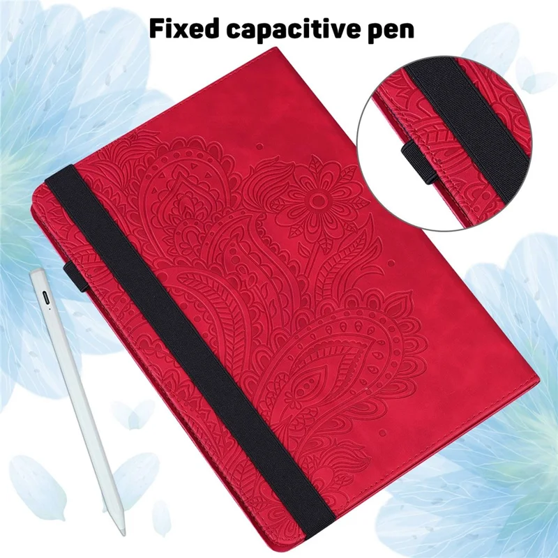 PU Leather Imprinting Flower Case for Amazon Fire 7 (2022), Card Holder Stand Tablet Cover with Elastic Band Closure - Red