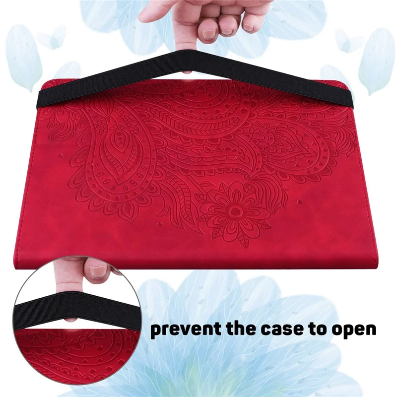 PU Leather Imprinting Flower Case for Amazon Fire 7 (2022), Card Holder Stand Tablet Cover with Elastic Band Closure - Red