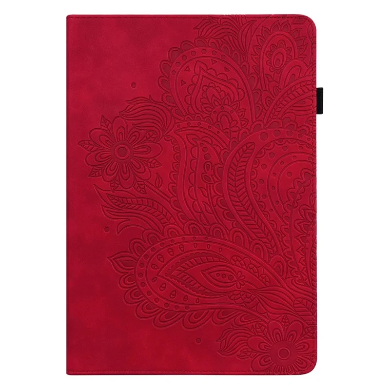 PU Leather Imprinting Flower Case for Amazon Fire 7 (2022), Card Holder Stand Tablet Cover with Elastic Band Closure - Red