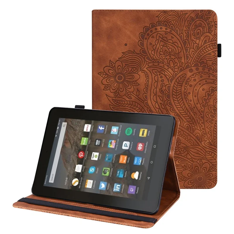 PU Leather Imprinting Flower Case for Amazon Fire 7 (2022), Card Holder Stand Tablet Cover with Elastic Band Closure - Brown