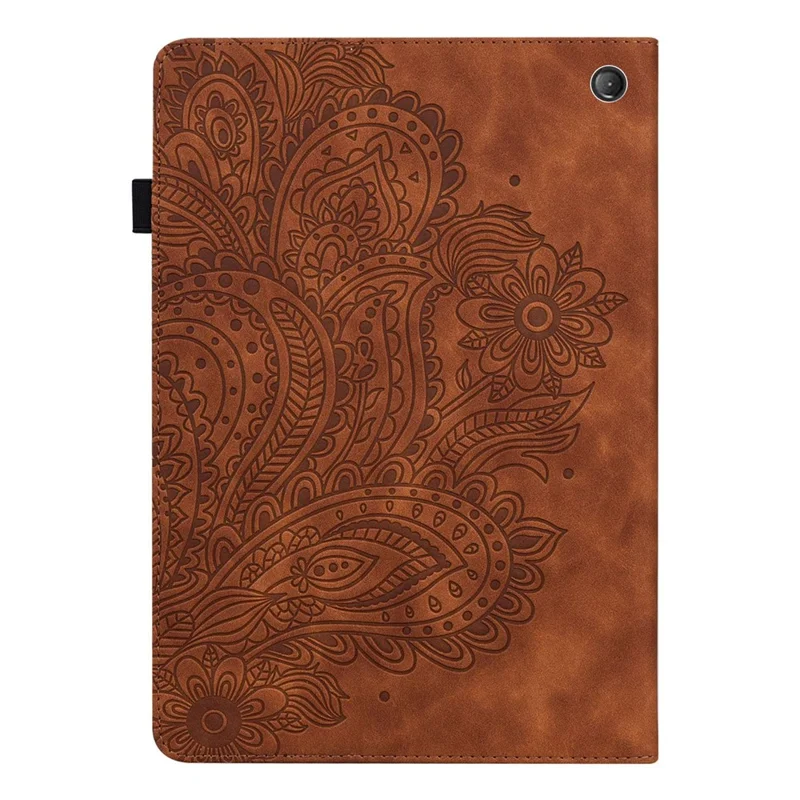 PU Leather Imprinting Flower Case for Amazon Fire 7 (2022), Card Holder Stand Tablet Cover with Elastic Band Closure - Brown