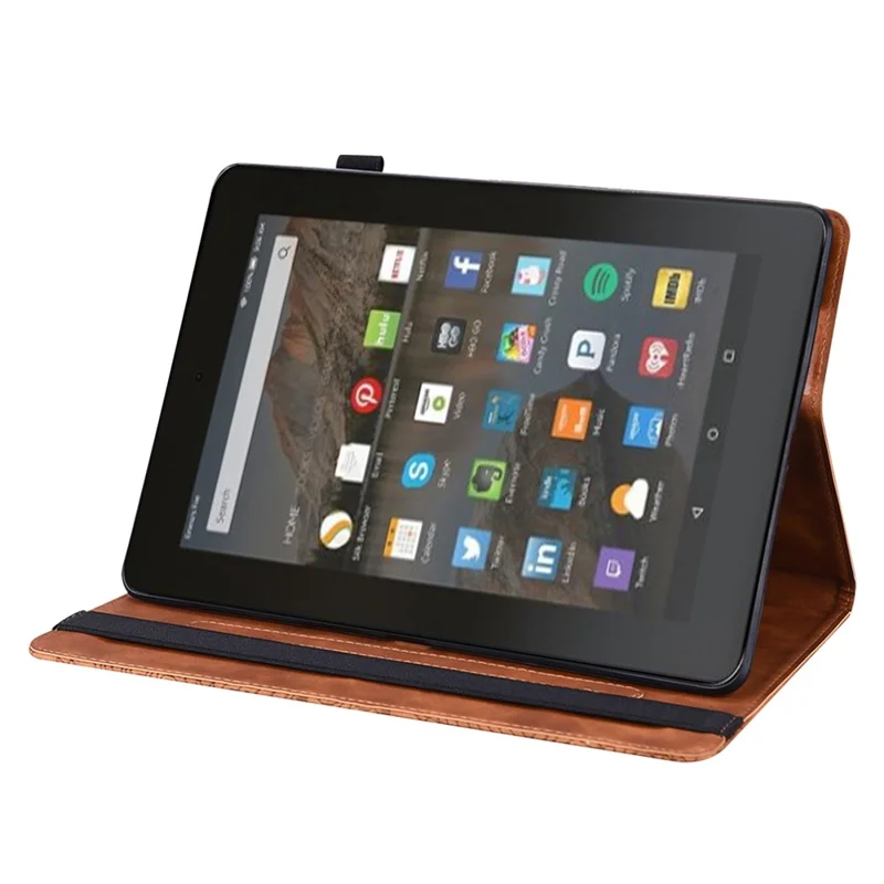 PU Leather Imprinting Flower Case for Amazon Fire 7 (2022), Card Holder Stand Tablet Cover with Elastic Band Closure - Brown