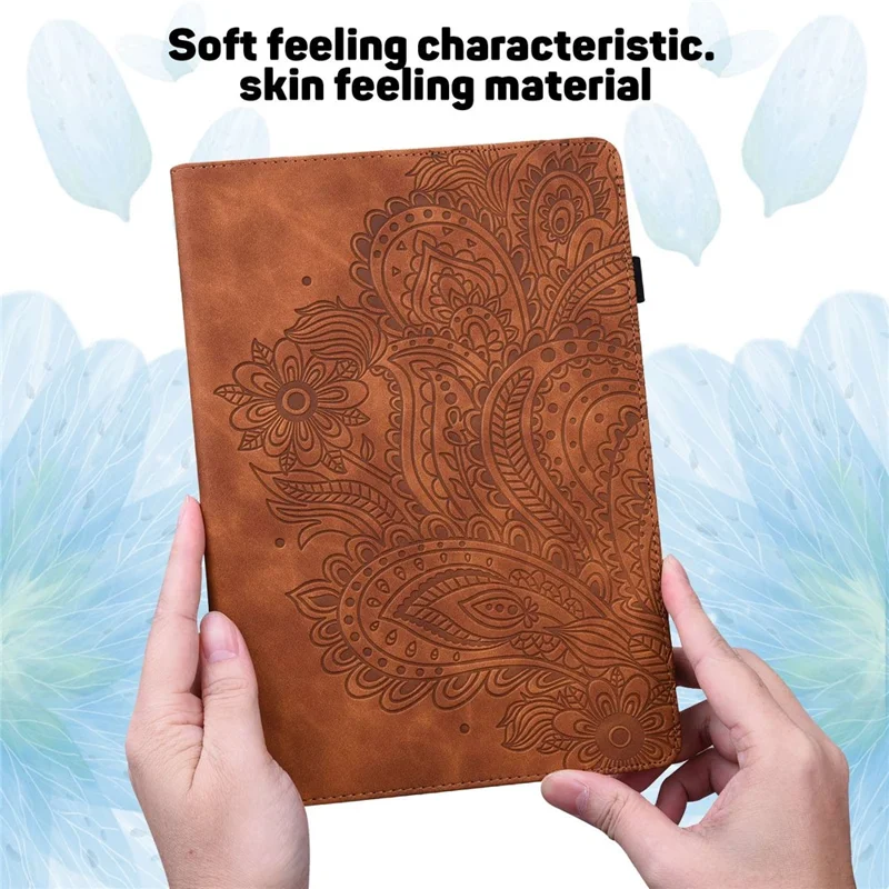 PU Leather Imprinting Flower Case for Amazon Fire 7 (2022), Card Holder Stand Tablet Cover with Elastic Band Closure - Brown