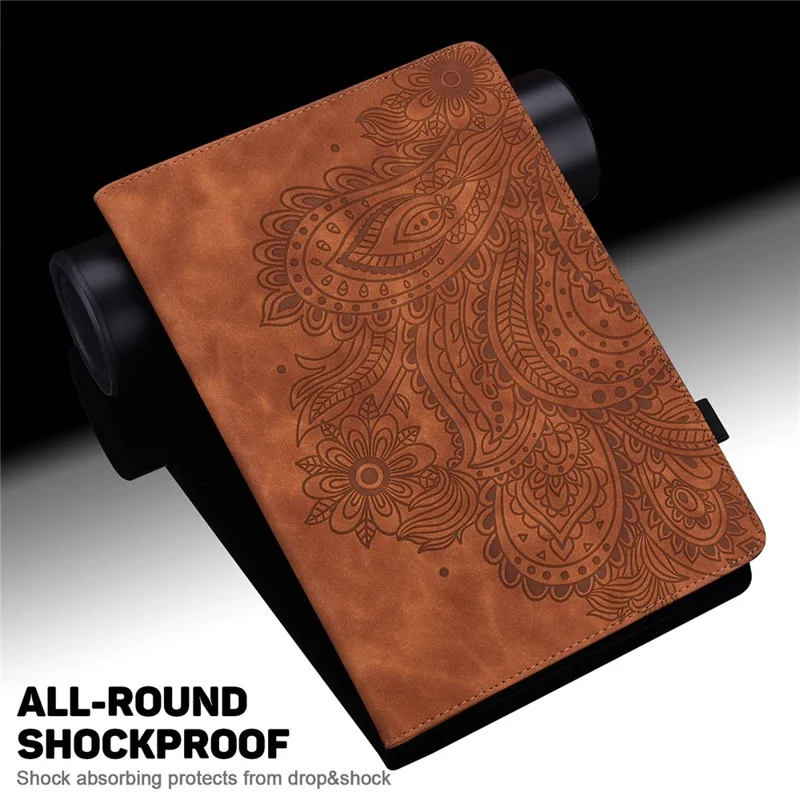 PU Leather Imprinting Flower Case for Amazon Fire 7 (2022), Card Holder Stand Tablet Cover with Elastic Band Closure - Brown