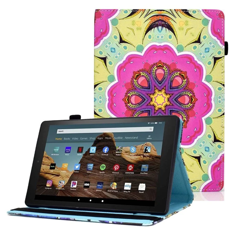 For Amazon Fire HD 8 (2016) / (2017) / (2018) Elastic Band Closure Drop-proof Tablet Stand Case Pattern Printing Card Slots Design PU Leather Cover - Pink Flower