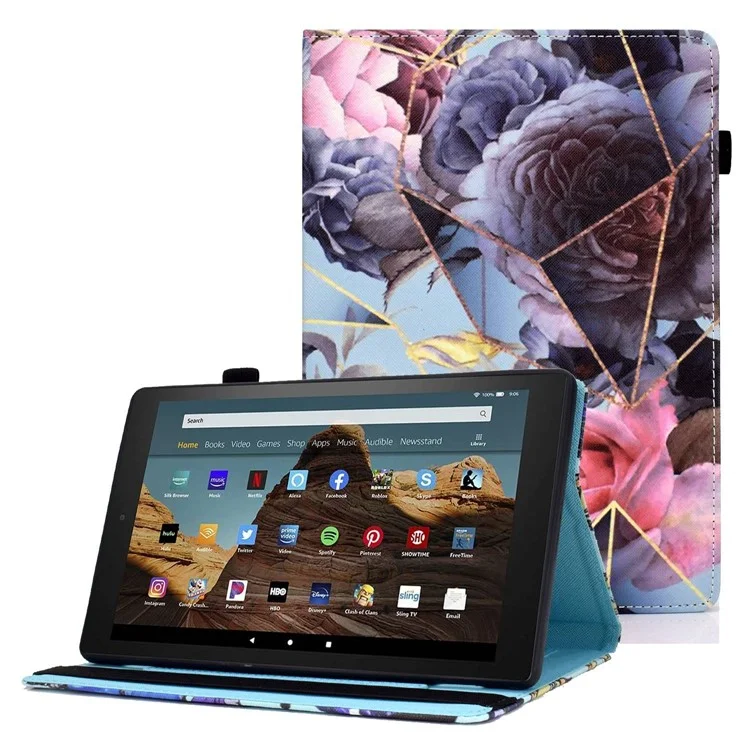 For Amazon Fire HD 8 (2016) / (2017) / (2018) Elastic Band Closure Drop-proof Tablet Stand Case Pattern Printing Card Slots Design PU Leather Cover - Pink Rose