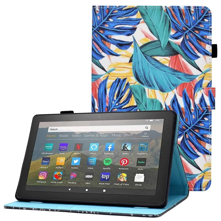 For Amazon Fire HD 8 (2016)  /  (2017)  /  (2018) Shockproof Cover Anti-Scratch Leather Case Stitched Pattern Printed Magnetic Closure Tablet Stand Case with Wallet  /  Card Slots - Leaves