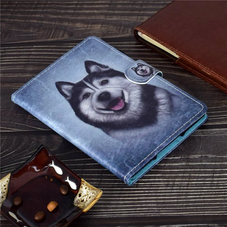 For Amazon Fire HD 8 (2016)  /  (2017)  /  (2018) Shockproof Cover Anti-Scratch Leather Case Stitched Pattern Printed Magnetic Closure Tablet Stand Case with Wallet  /  Card Slots - Husky
