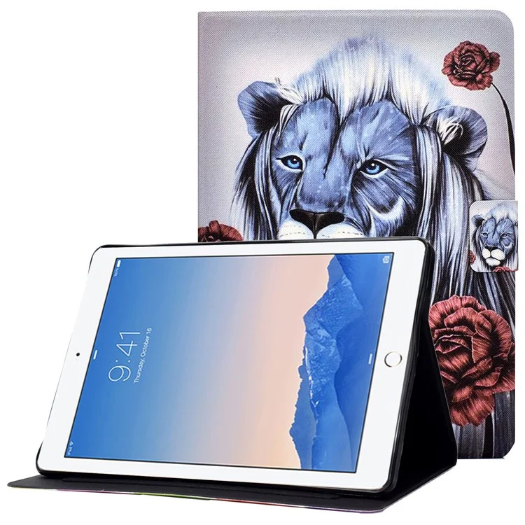 Pour Ipad Air (2013) / Air 2 / Ipad 9.7-pouces (2017) / (2018) Père Imprimerie Comprimé Couverture de Table de Support en Cuir PU Carte de Support - Rose et Lion