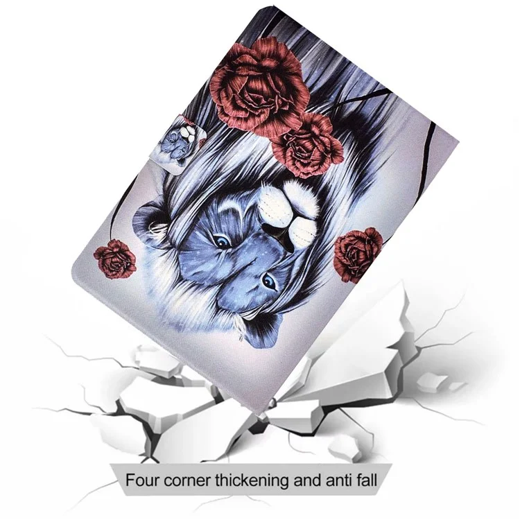 Pour iPad Air (2013) / Air 2 / iPad 9.7-inch (2017) / (2018) Couverture de tablette imprimée en motif Étui en cuir synthétique Support avec fentes pour cartes Fermoir magnétique - Rose et Lion