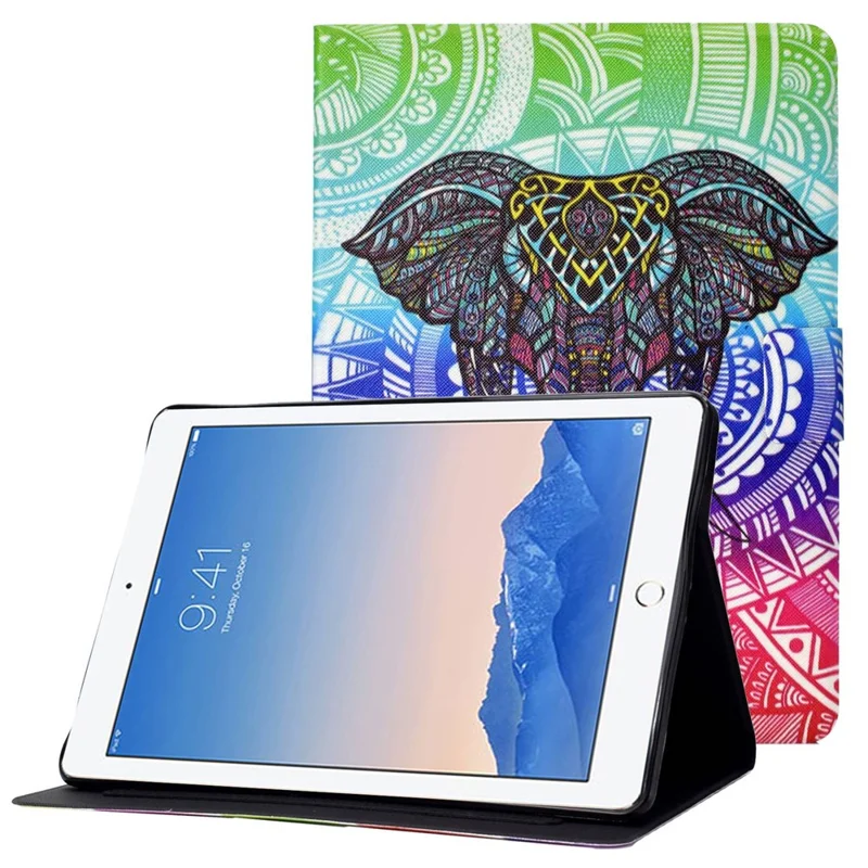 For iPad Air (2013) / Air 2 / iPad 9.7-inch (2017) / (2018) Pattern Printing Tablet Cover PU Leather Stand Card Slots Magnetic Clasp Case - Elephant