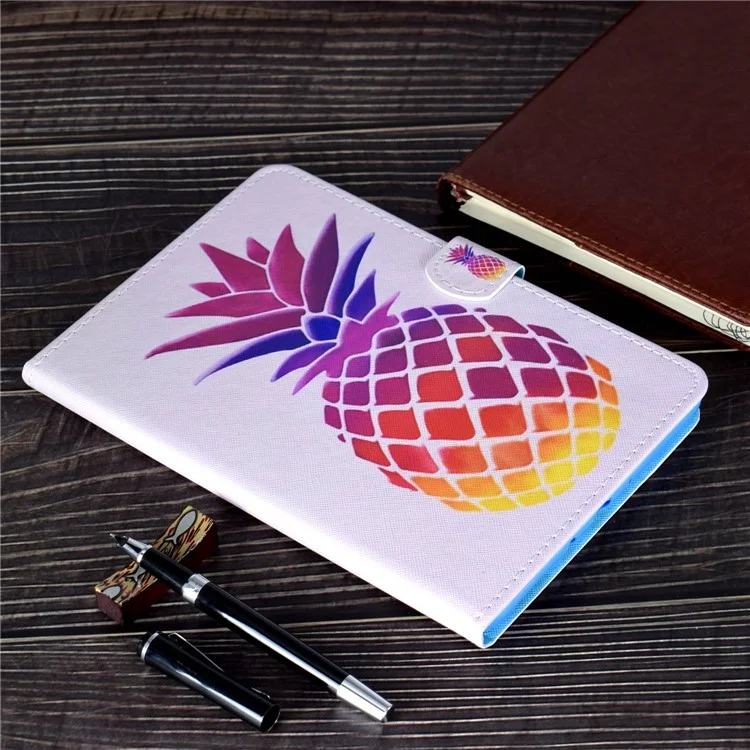For iPad Air (2013) / Air 2 / iPad 9.7-inch (2017) / (2018) Stitched Leather Case Protective Tablet Cover Pattern Printed Magnetic Closure Shockproof Cover with Stand  /  Card Slots - Pink Pineapple