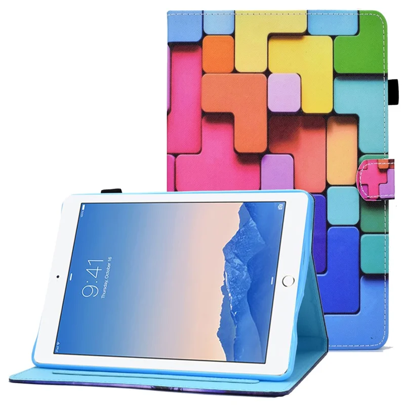 For iPad Air (2013) / Air 2 / iPad 9.7-inch (2017) / (2018) Stitched Leather Case Protective Tablet Cover Pattern Printed Magnetic Closure Shockproof Cover with Stand  /  Card Slots - Block