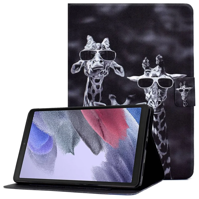For Samsung Galaxy Tab A7 Lite 8.7-inch T220 / T225 Card Slots Design Pattern Printing PU Leather Cover Tablet Shockproof Shell Case with Adjustable Stand - Three Giraffes