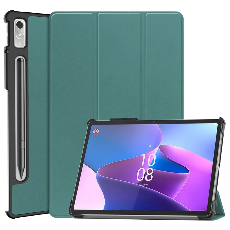 For Lenovo Tab P11 Pro Gen 2 Tri-fold Stand PU Leather Tablet Case Auto Wake / Sleep Function Drop-proof Cover - Blackish Green