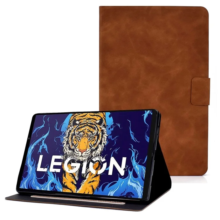 For Lenovo Legion Y700 TB-9707F Anti-Drop Tablet Case Cowhide Texture PU Leather Folio Flip Cover Well-Protection Stand Case with Card Holder - Brown