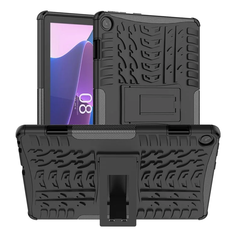 Pour Lenovo Tab M10 (Gen 3) TB-328FU / TB-328XU Tire Texture Anti-Slip Case Drop Protection Hybrid PC+TPU Shockproof Cover with Kickstand - Black