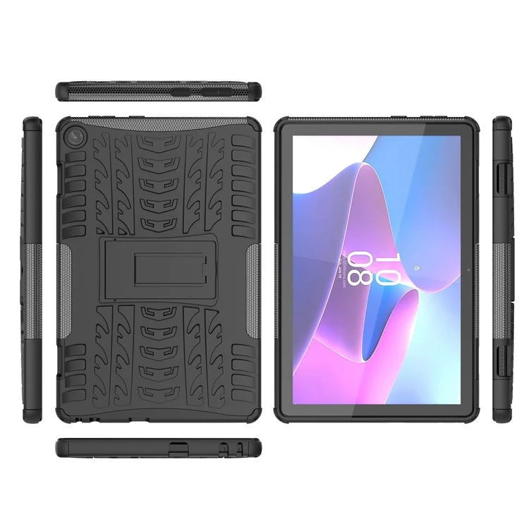 For Lenovo Tab M10 (Gen 3) TB-328FU / TB-328XU Tire Texture Anti-Slip Case Drop Protection Hybrid PC+TPU Shockproof Cover with Kickstand - Black