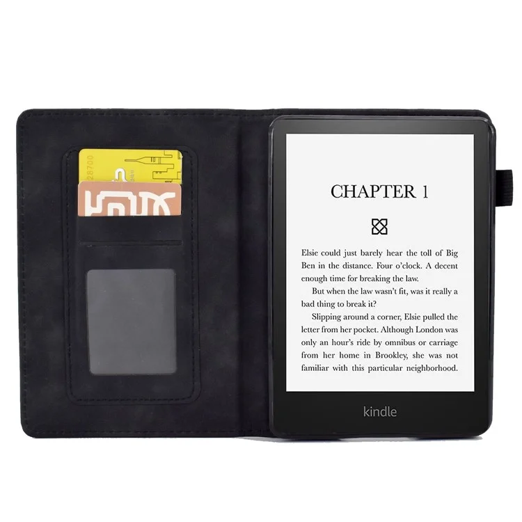 For Amazon Kindle Paperwhite (2015) / 2 (2015) / 3 (2015) / 4 (2018) Heart Shape Imprinted Solid Color PU Leather Flip Stand Protective Case with Card Slots - Black