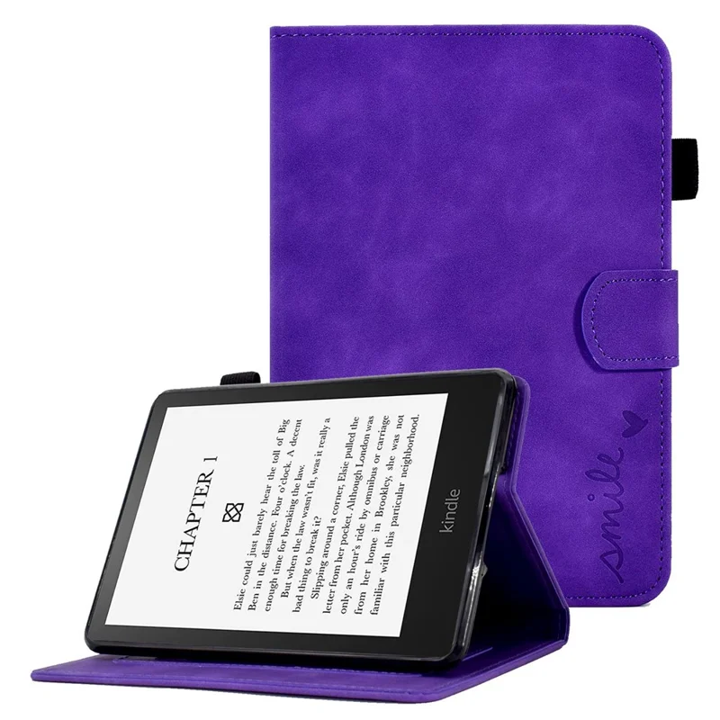 For Amazon Kindle Paperwhite (2015) / 2 (2015) / 3 (2015) / 4 (2018) Heart Shape Imprinted Solid Color PU Leather Flip Stand Protective Case with Card Slots - Purple