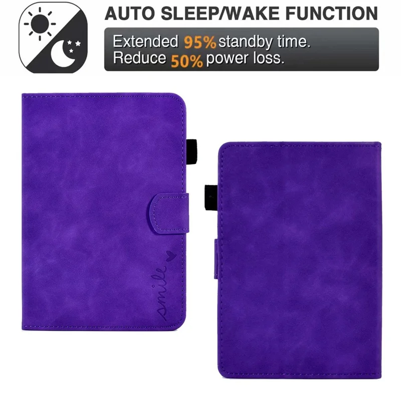 For Amazon Kindle Paperwhite (2015) / 2 (2015) / 3 (2015) / 4 (2018) Heart Shape Imprinted Solid Color PU Leather Flip Stand Protective Case with Card Slots - Purple