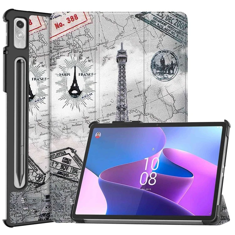 Чехол-подставка с узором для планшета Lenovo Tab P11 Pro Gen 2, трехстороннее открытие, ПУ-кожа, автоматический режим сна/пробуждения, с держателем для стилуса - винтажная башня