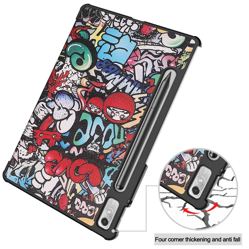For Lenovo Tab P11 Pro Gen 2 Tri-Fold Stand Tablet Case Pattern Printing PU Leather Auto Wake / Sleep Cover with Pencil Holder - Graffiti