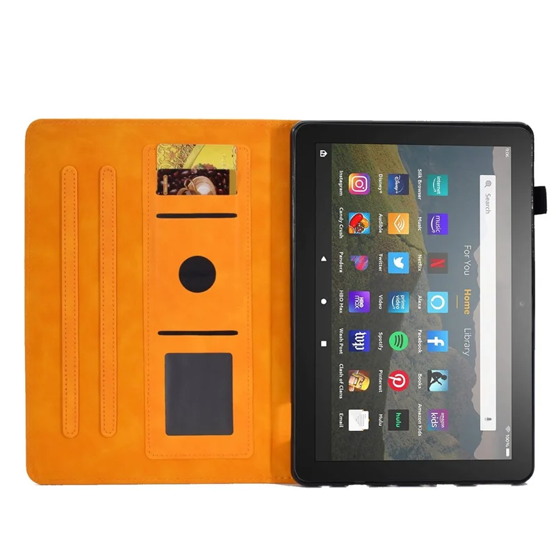 For Amazon Fire HD 8 (2020) Solid Color Heart Shape Imprinted PU Leather Shockproof Cover Card Slots Design Foldable Stand Protective Case - Khaki