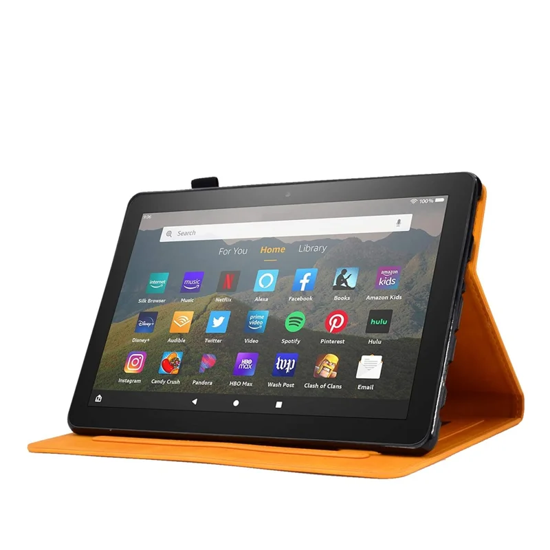 For Amazon Fire HD 8 (2020) Solid Color Heart Shape Imprinted PU Leather Shockproof Cover Card Slots Design Foldable Stand Protective Case - Khaki