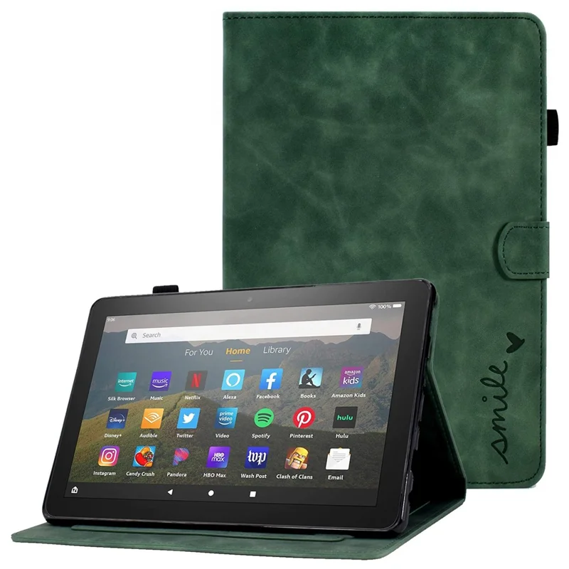 For Amazon Fire HD 8 (2020) Solid Color Heart Shape Imprinted PU Leather Shockproof Cover Card Slots Design Foldable Stand Protective Case - Green
