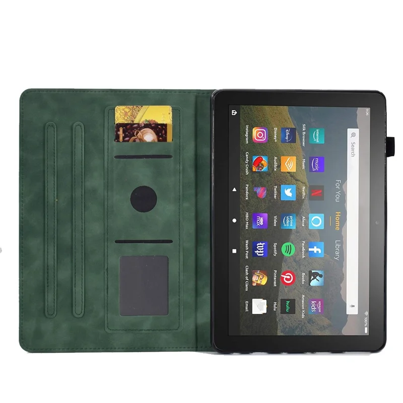 For Amazon Fire HD 8 (2020) Solid Color Heart Shape Imprinted PU Leather Shockproof Cover Card Slots Design Foldable Stand Protective Case - Green