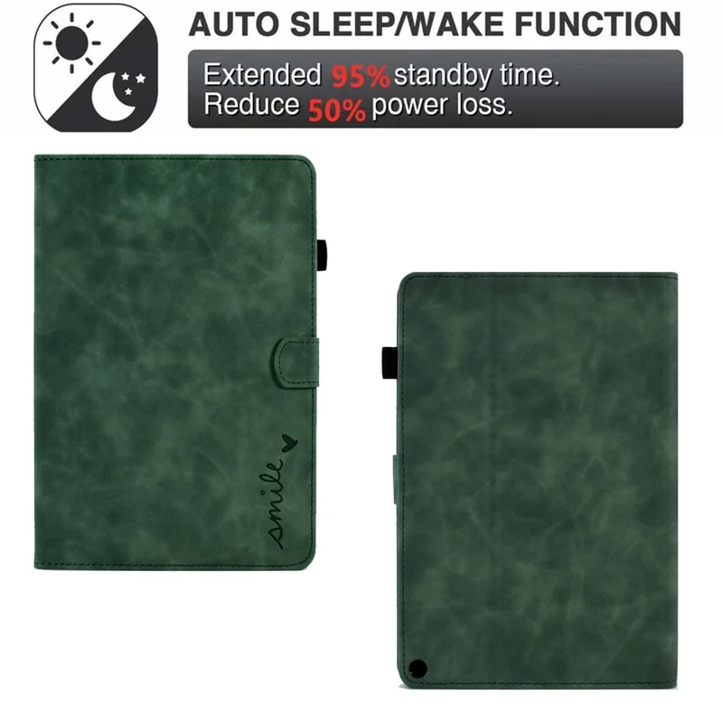 For Amazon Fire HD 8 (2020) Solid Color Heart Shape Imprinted PU Leather Shockproof Cover Card Slots Design Foldable Stand Protective Case - Green