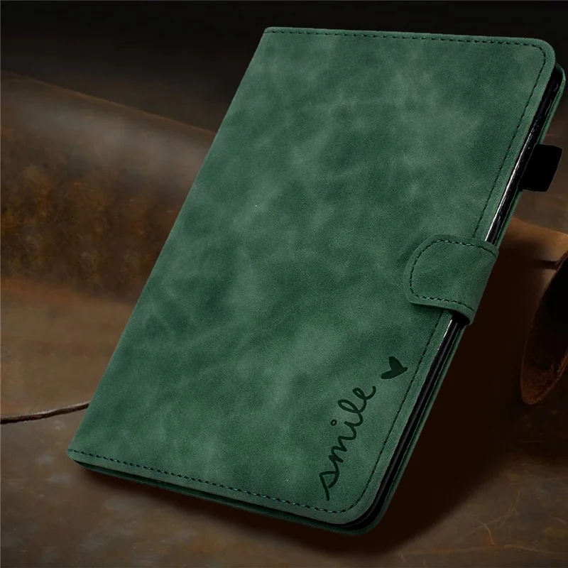For Amazon Fire HD 8 (2020) Solid Color Heart Shape Imprinted PU Leather Shockproof Cover Card Slots Design Foldable Stand Protective Case - Green