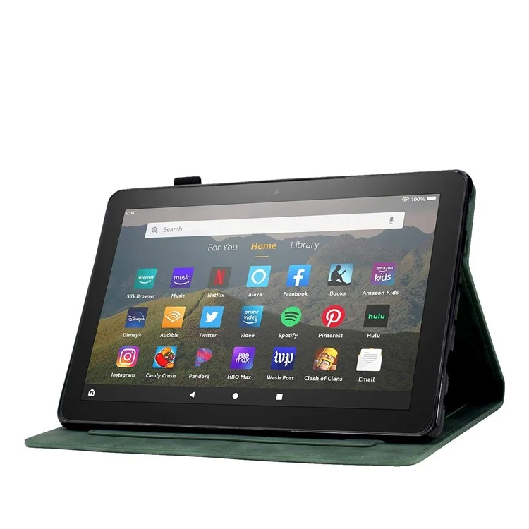 For Amazon Fire 7 (2022) Solid Color Imprinted PU Leather Drop-proof Cover Card Slots Design Flip Stand Protective Case - Green
