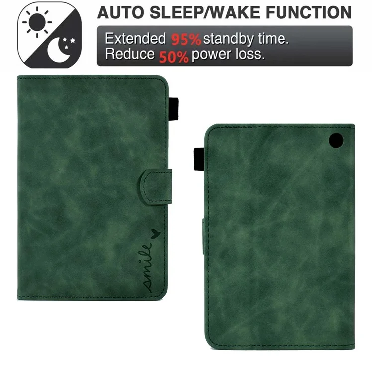 For Amazon Fire 7 (2022) Solid Color Imprinted PU Leather Drop-proof Cover Card Slots Design Flip Stand Protective Case - Green
