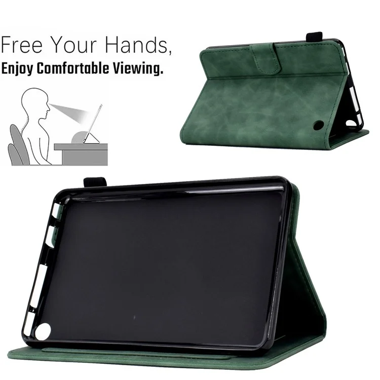 For Amazon Fire 7 (2022) Solid Color Imprinted PU Leather Drop-proof Cover Card Slots Design Flip Stand Protective Case - Green